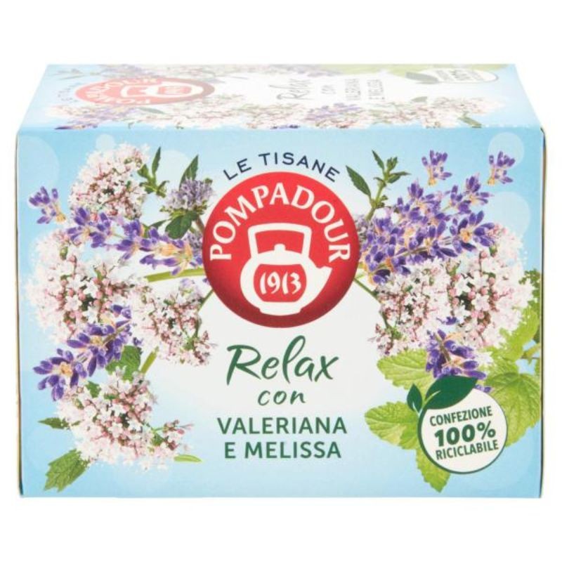 15 Saszetek Relaksującej Herbaty Ziołowej Pompadour z Walerianą i Melisą.